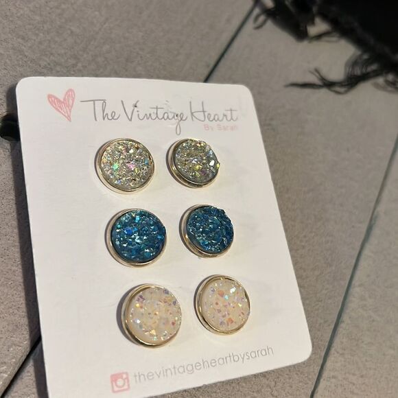Opal Blue and White New Druzy Stud Earrings - Picture 1 of 4